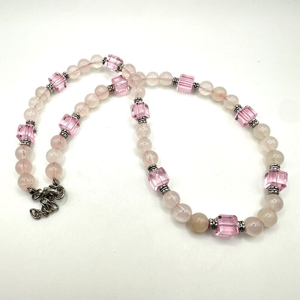 18” of rose quartz, silver and crystal beaded necklace!